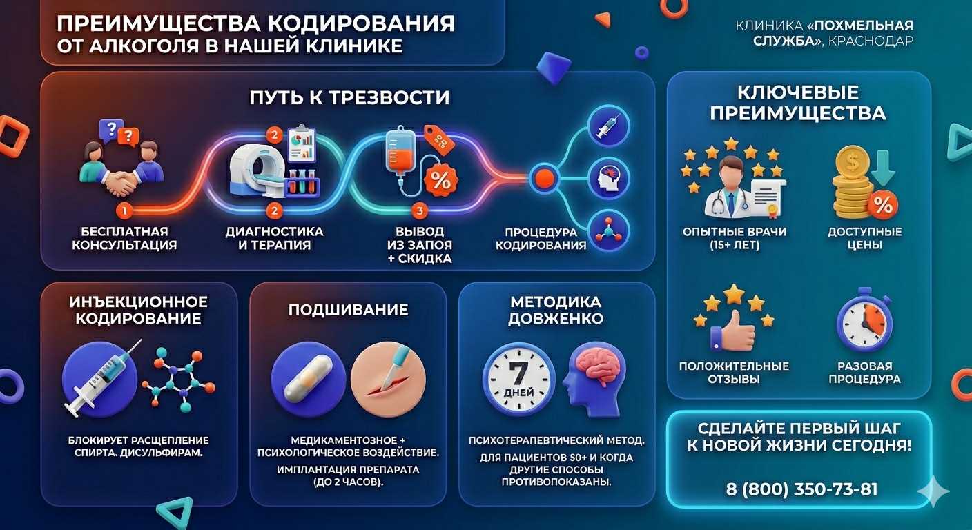 Инфографика о методах кодирования от алкоголя в Сосновом Бору: инъекции, подшивание, метод Довженко. Преимущества клиники и этапы лечения.