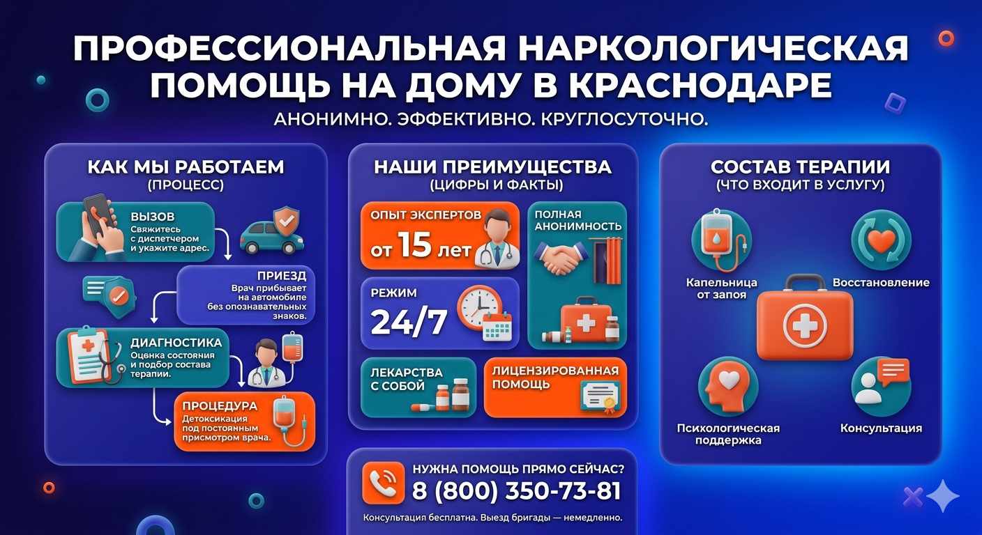 Инфографика о принципах лечения алкоголизма на дому в Сосновом Бору: этапы вызова нарколога, преимущества анонимной детоксикации и состав медицинской помощи.